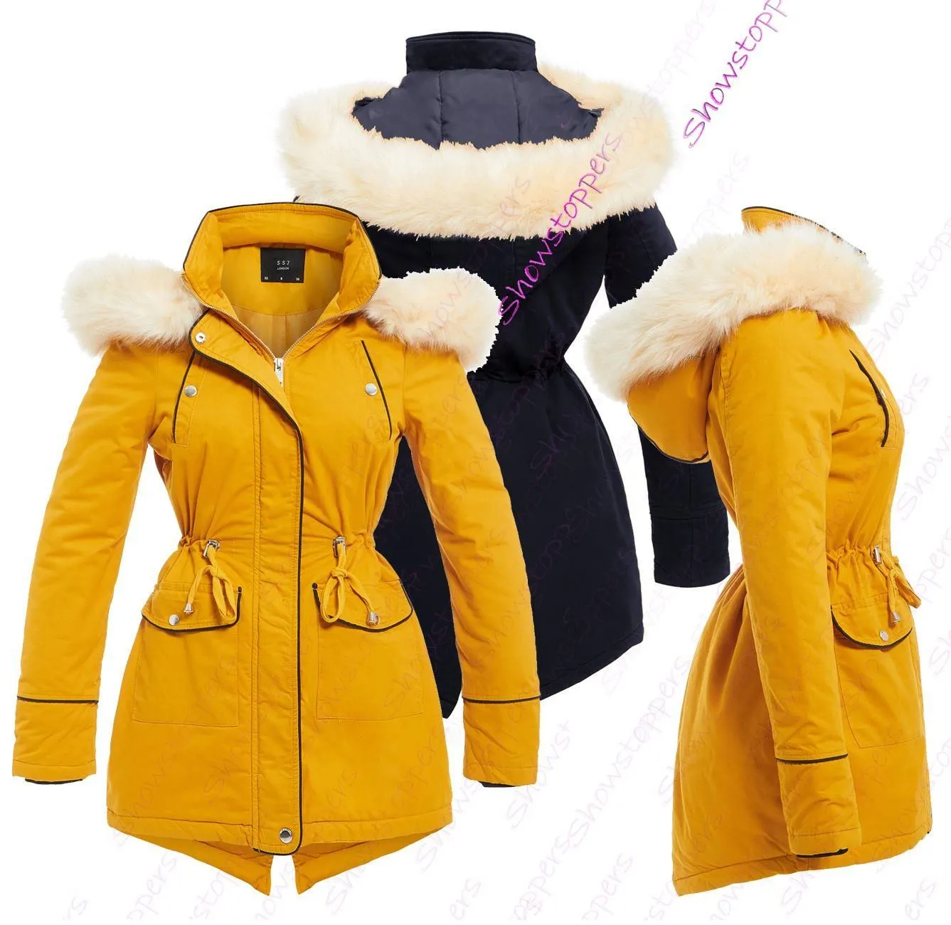 Mustard Women's Parka Coat with Fur, Sizes 8-16