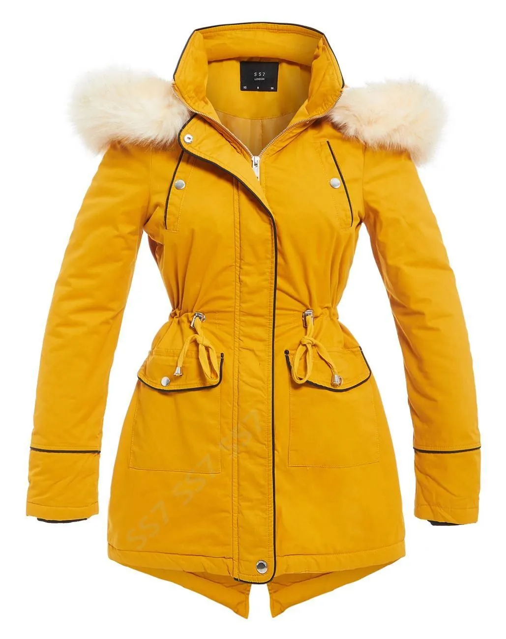 Mustard Women's Parka Coat with Fur, Sizes 8-16