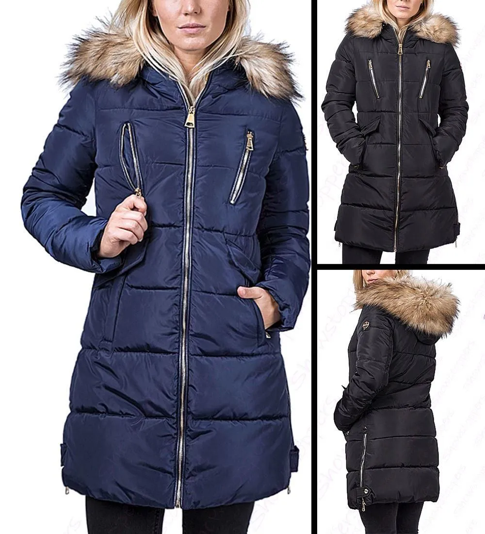 Hooded Parka - Women's Premium Faux Fur Padded Coat in UK Sizes 8, 10, 12, 14