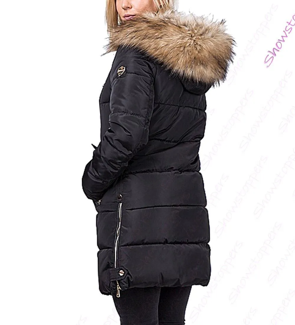 Hooded Parka - Women's Premium Faux Fur Padded Coat in UK Sizes 8, 10, 12, 14