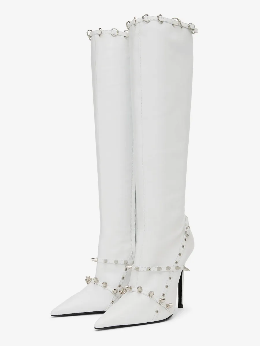 Women's White Pointed Toe High Heel Boots with Studs