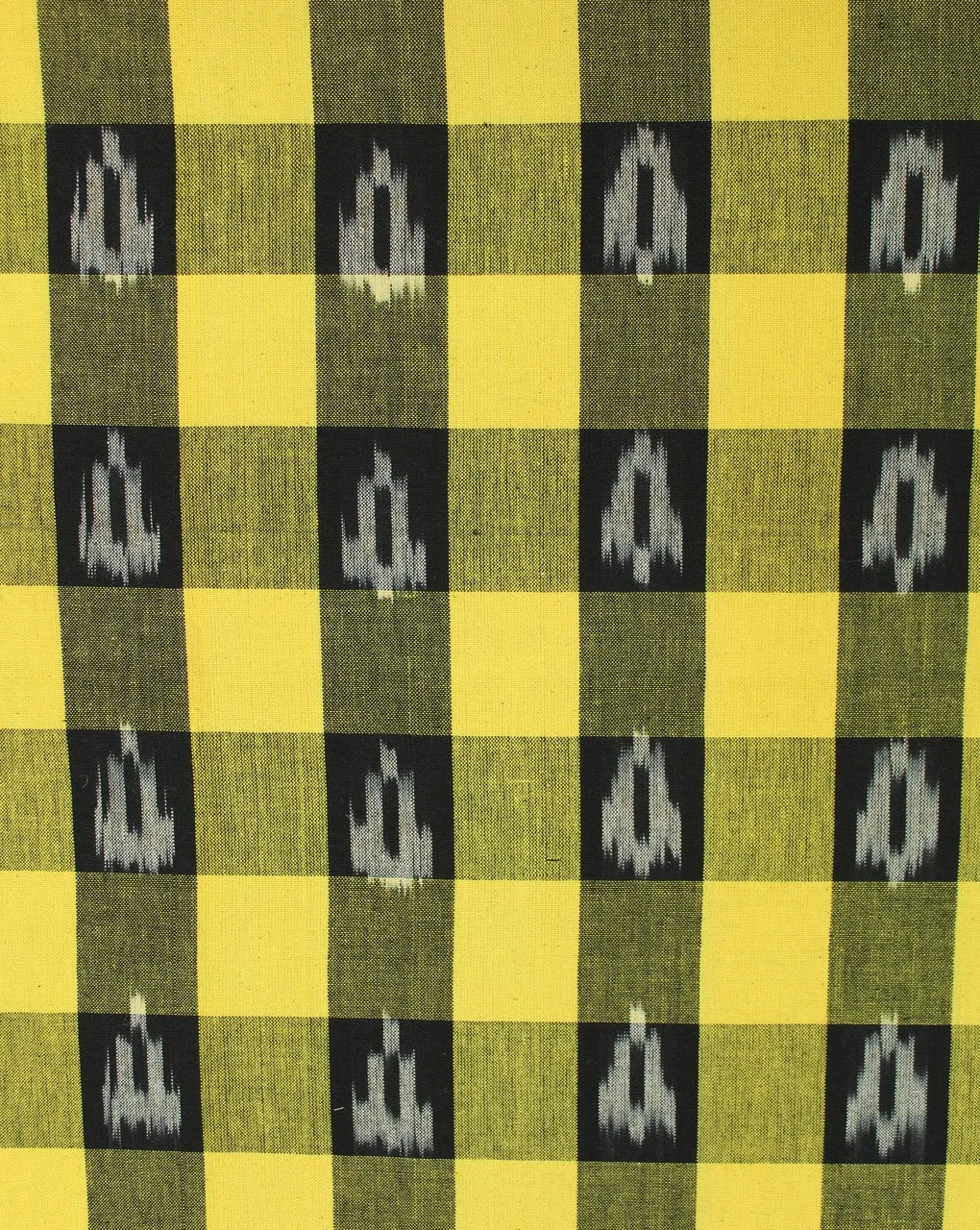 Yellow and Black Ikat Checkered Cotton Fabric