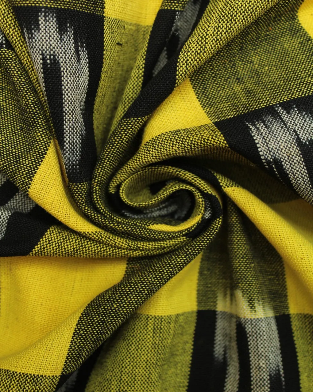 Yellow and Black Ikat Checkered Cotton Fabric