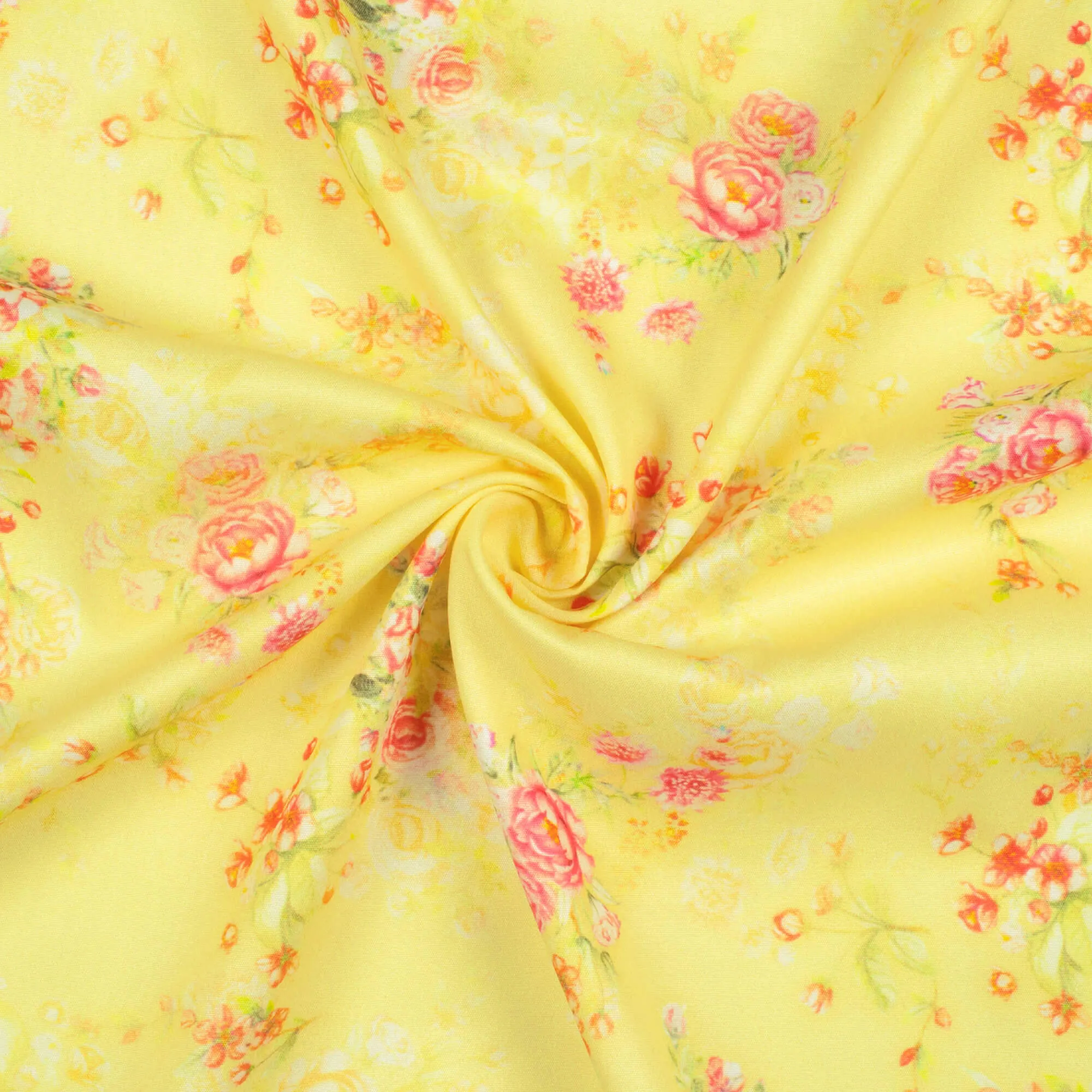 Yellow Pink Floral Print Micro Crepe Fabric