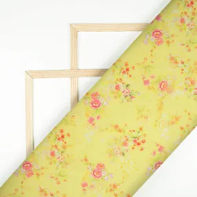 Yellow Pink Floral Print Micro Crepe Fabric