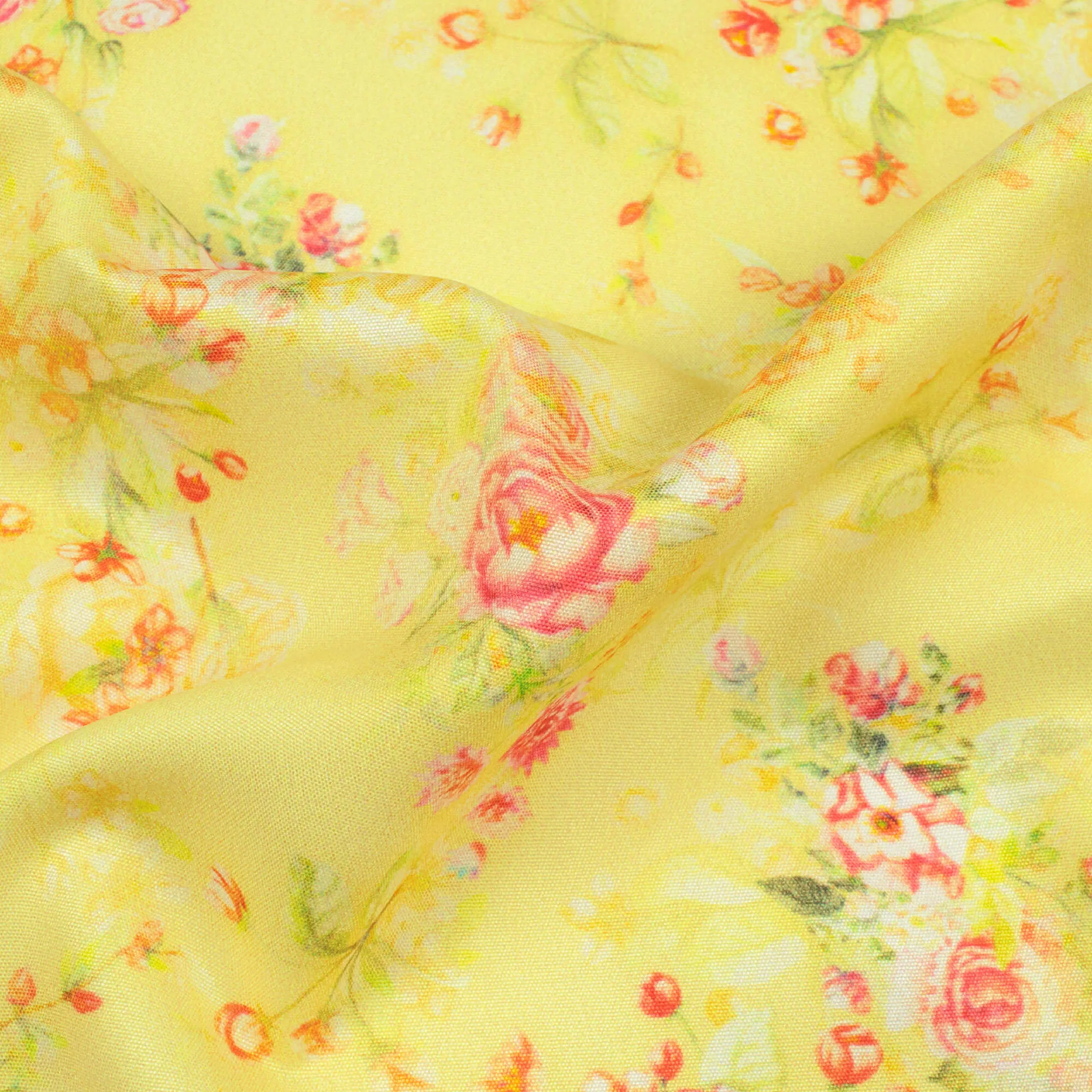 Yellow Pink Floral Print Micro Crepe Fabric